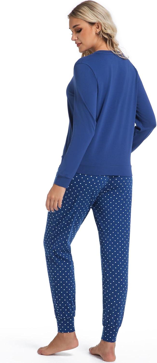 imageENJOYNIGHT Womens Pajamas Set Long Sleeve Loungewear 2 Piece Pjs Sets with PocketsBlue Dots