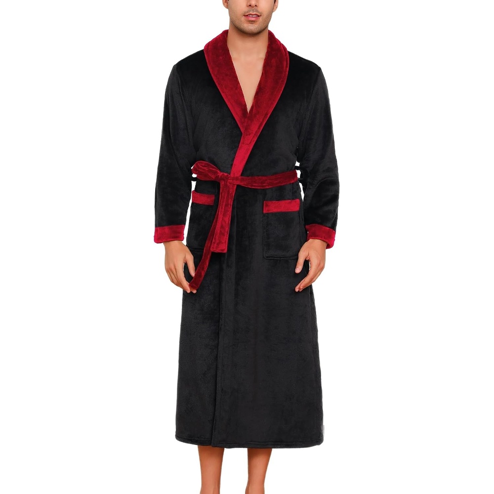image:imageENJOYNIGHT Mens Plush Fleece Robe Cozy Warm Bathrobe with PocketsBlackr