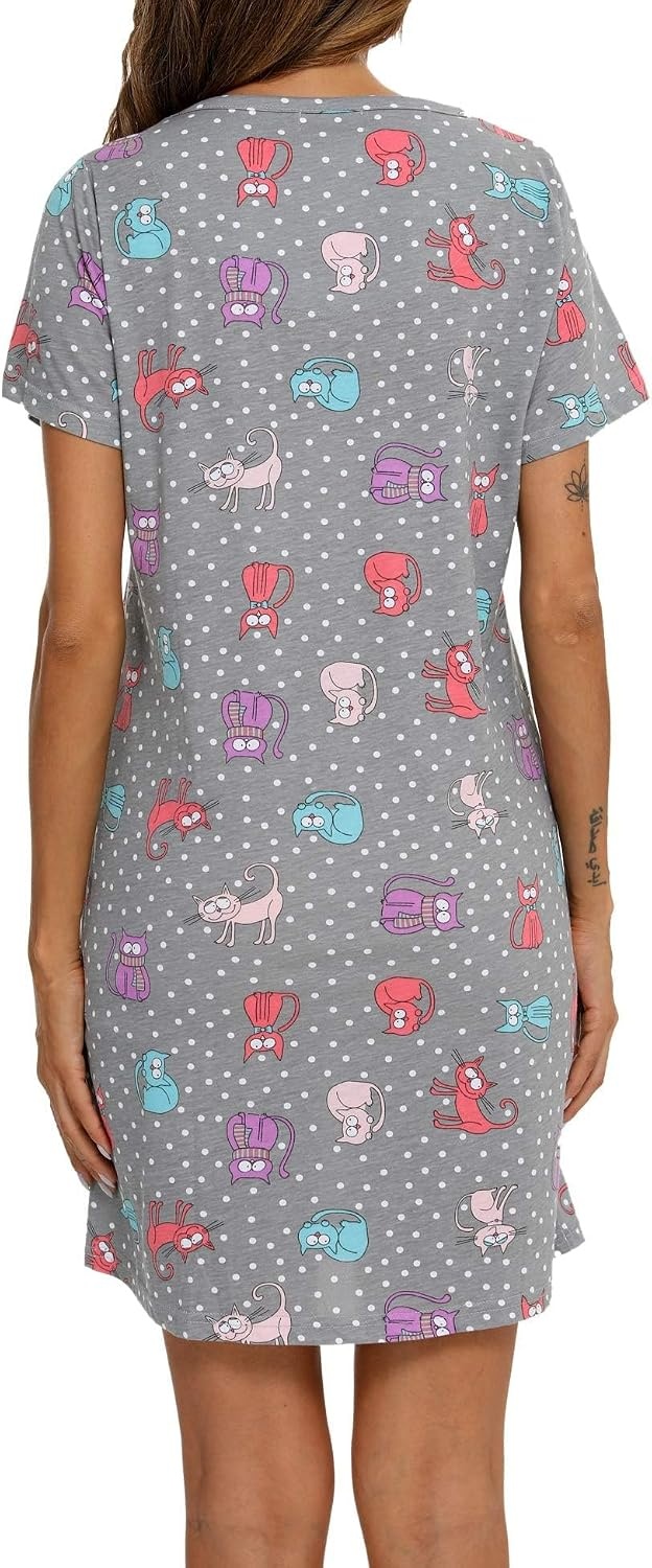 image:imageENJOYNIGHT Womens Nightgown Cotton Sleep Shirt Short Sleeve NightshirtGrey Cat