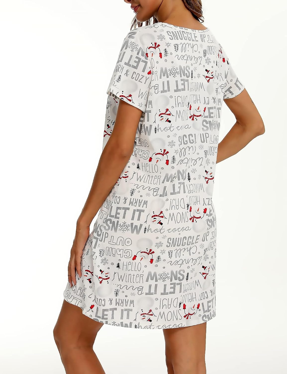 image:imageENJOYNIGHT Womens Nightgown Cotton Sleep Shirt Short Sleeve NightshirtWhite Snowman