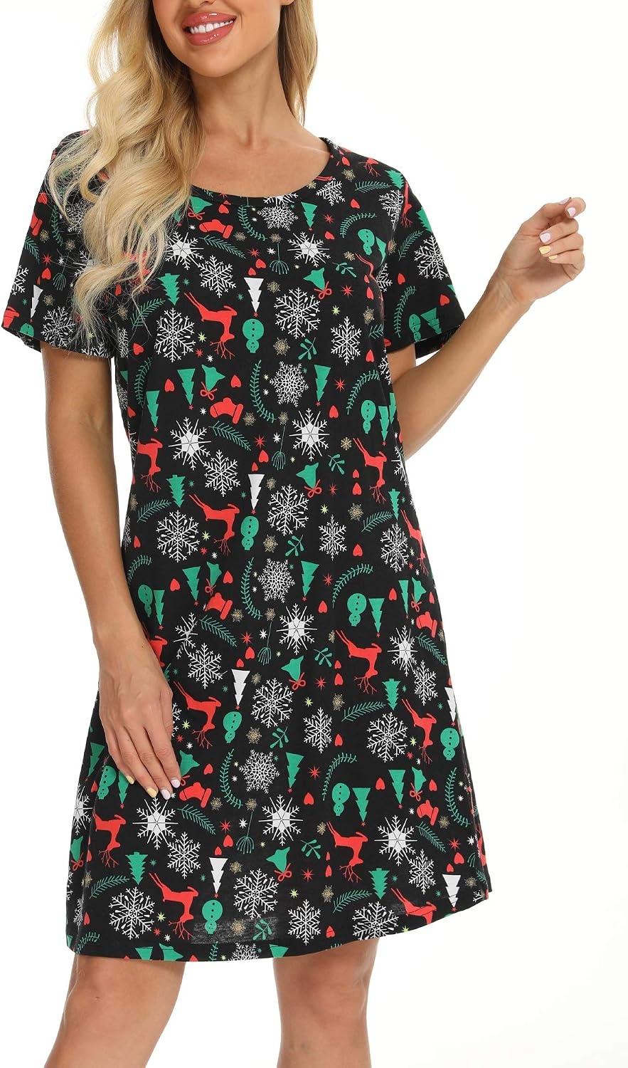 image:imageENJOYNIGHT Womens Nightgown Cotton Sleep Shirt Short Sleeve NightshirtXmas