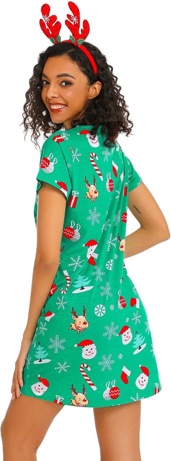 image:imageENJOYNIGHT Womens Nightgown Cotton Sleep Shirt Short Sleeve NightshirtXmasgreen