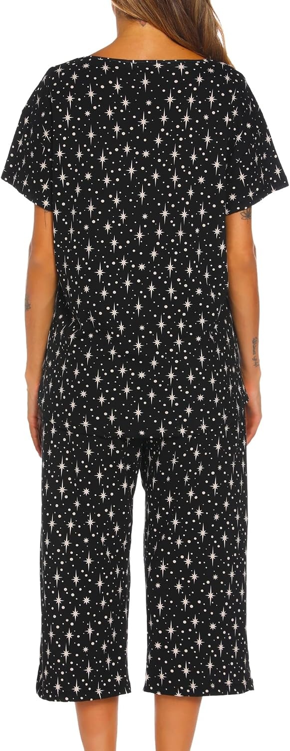 image:imageENJOYNIGHT Womens Pajama Set Cotton Summer Pj Top with Capri Pant SleepwearBlack Star