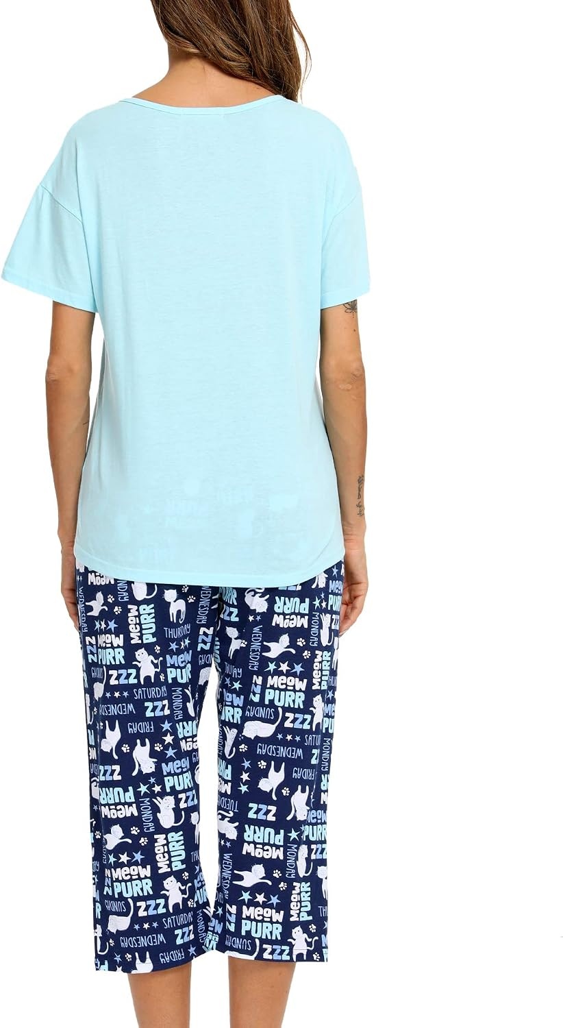 image:imageENJOYNIGHT Womens Pajama Set Cotton Summer Pj Top with Capri Pant SleepwearBlue Cat