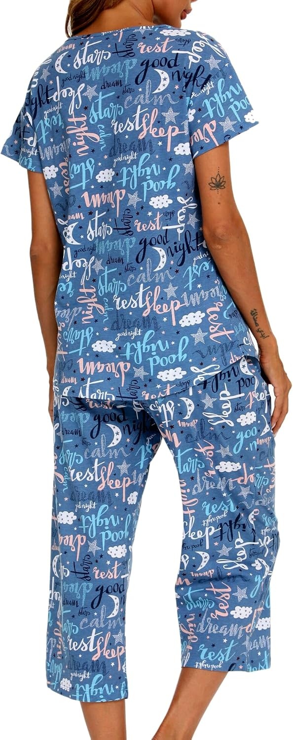 image:imageENJOYNIGHT Womens Pajama Set Cotton Summer Pj Top with Capri Pant SleepwearBule