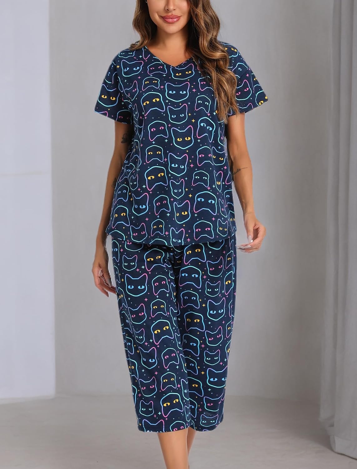 image:imageENJOYNIGHT Womens Pajama Set Cotton Summer Pj Top with Capri Pant SleepwearNavy Cat