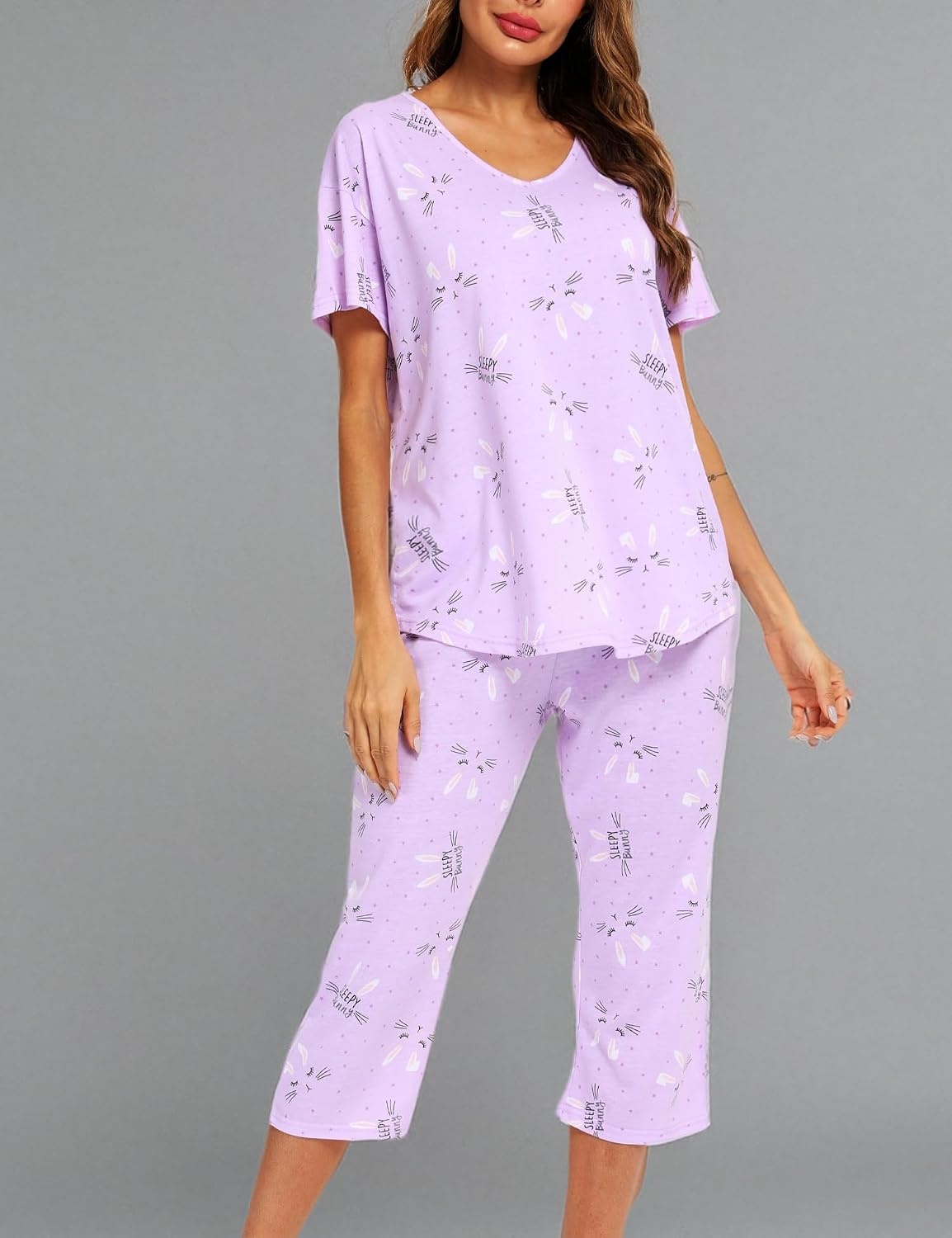 image:imageENJOYNIGHT Womens Pajama Set Cotton Summer Pj Top with Capri Pant SleepwearTuzi