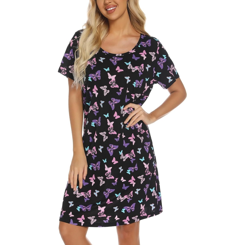 image:imageENJOYNIGHT Womens Nightgown Cotton Sleep Shirt Short Sleeve NightshirtBlack Flying