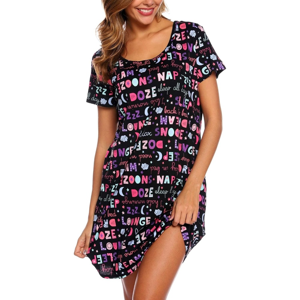 image:imageENJOYNIGHT Womens Nightgown Cotton Sleep Shirt Short Sleeve NightshirtBlack Letter