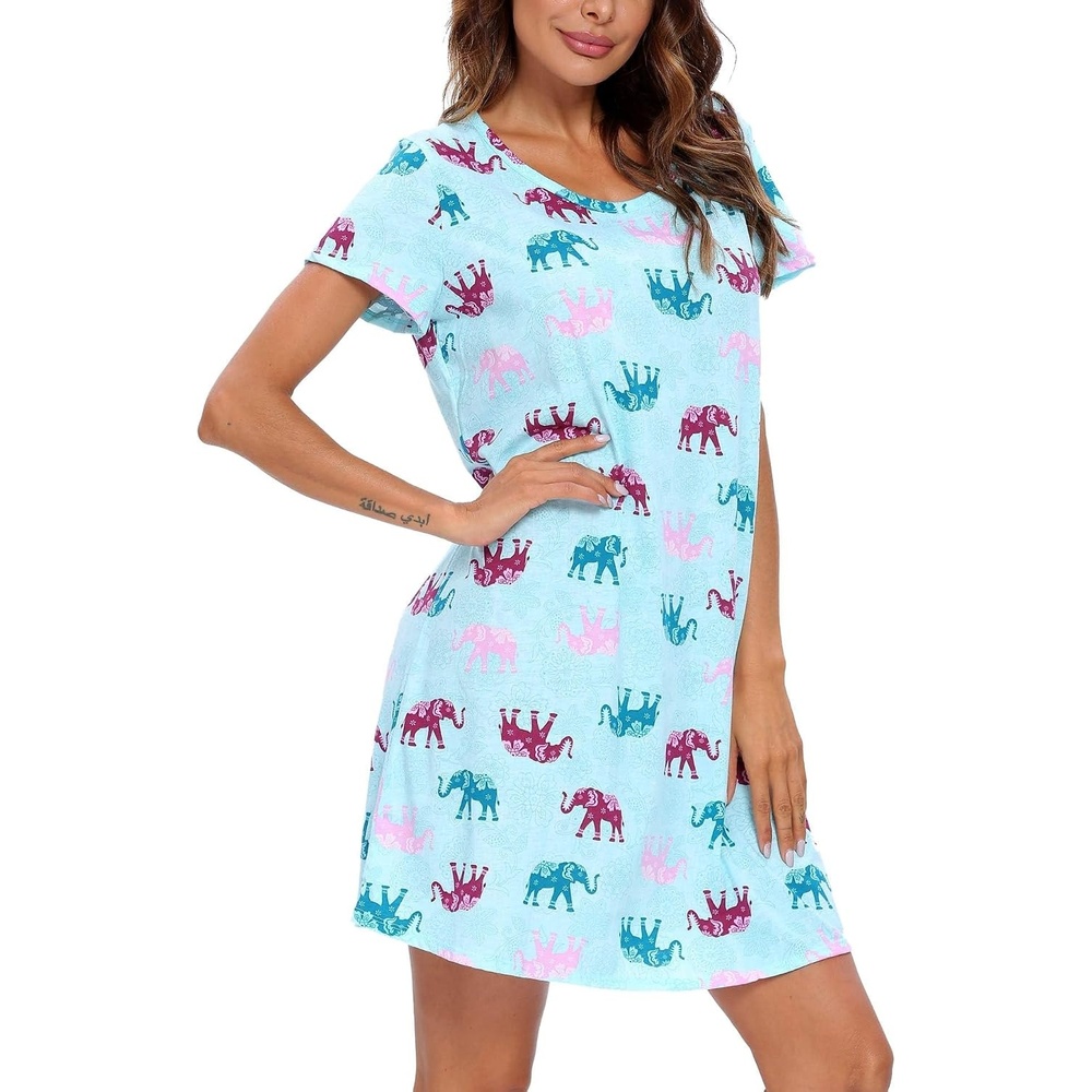 image:imageENJOYNIGHT Womens Nightgown Cotton Sleep Shirt Short Sleeve NightshirtBlue Elephant