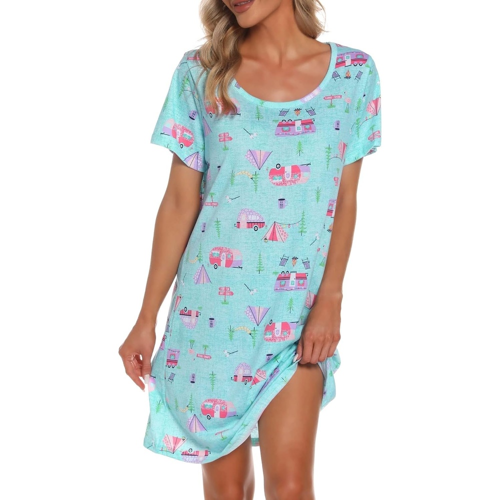 image:imageENJOYNIGHT Womens Nightgown Cotton Sleep Shirt Short Sleeve NightshirtGreen Bus