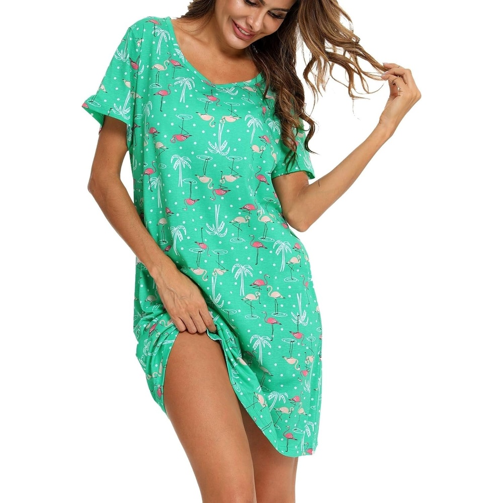 image:imageENJOYNIGHT Womens Nightgown Cotton Sleep Shirt Short Sleeve NightshirtGreen Flamingo