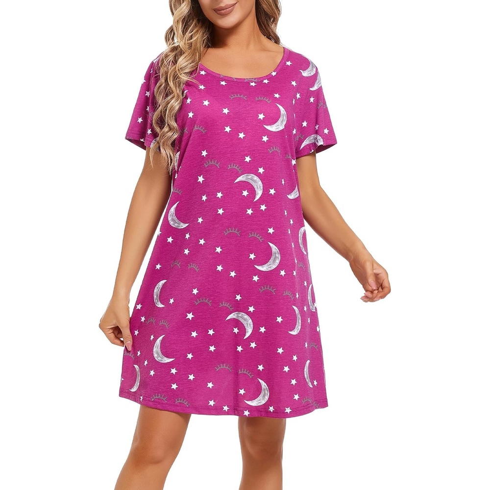 image:imageENJOYNIGHT Womens Nightgown Cotton Sleep Shirt Short Sleeve NightshirtRose Moon