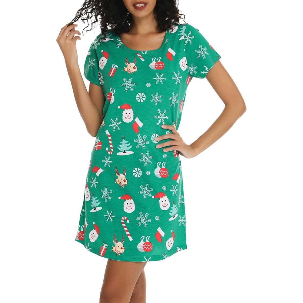 image:imageENJOYNIGHT Womens Nightgown Cotton Sleep Shirt Short Sleeve NightshirtXmasgreen