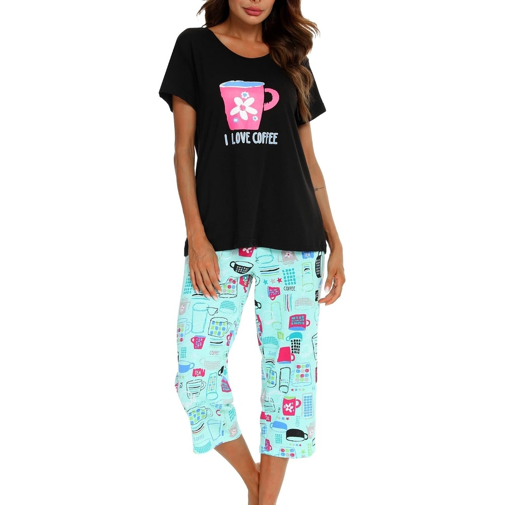 image:imageENJOYNIGHT Womens Pajama Set Cotton Summer Pj Top with Capri Pant SleepwearBlack Cup