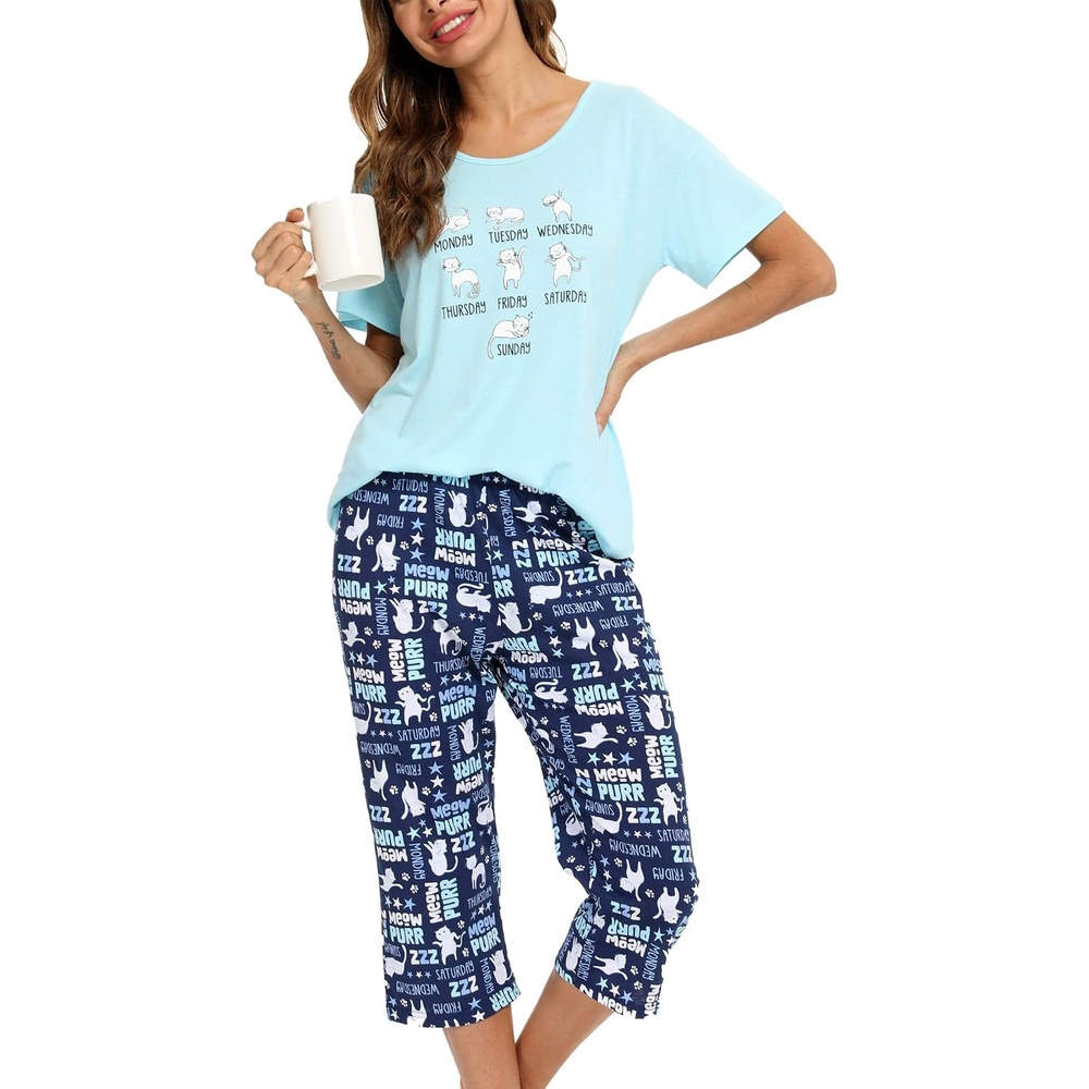 image:imageENJOYNIGHT Womens Pajama Set Cotton Summer Pj Top with Capri Pant SleepwearBlue Cat