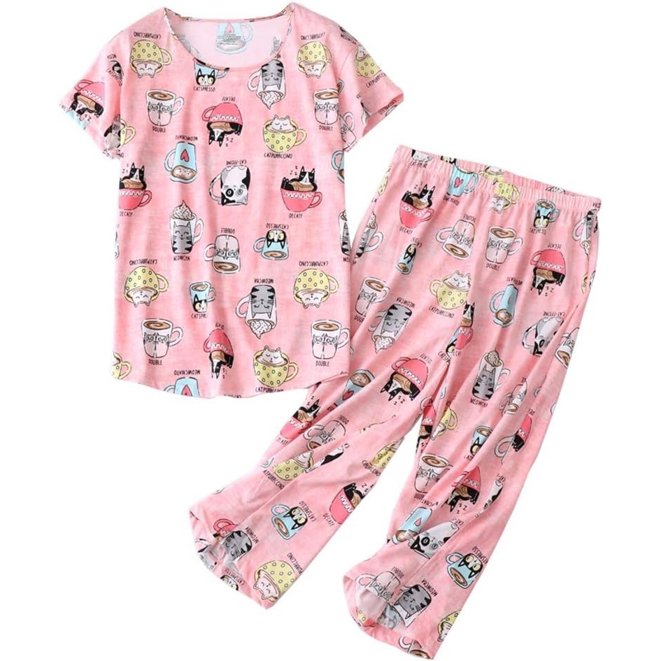 image:imageENJOYNIGHT Womens Pajama Set Cotton Summer Pj Top with Capri Pant SleepwearCat Cup