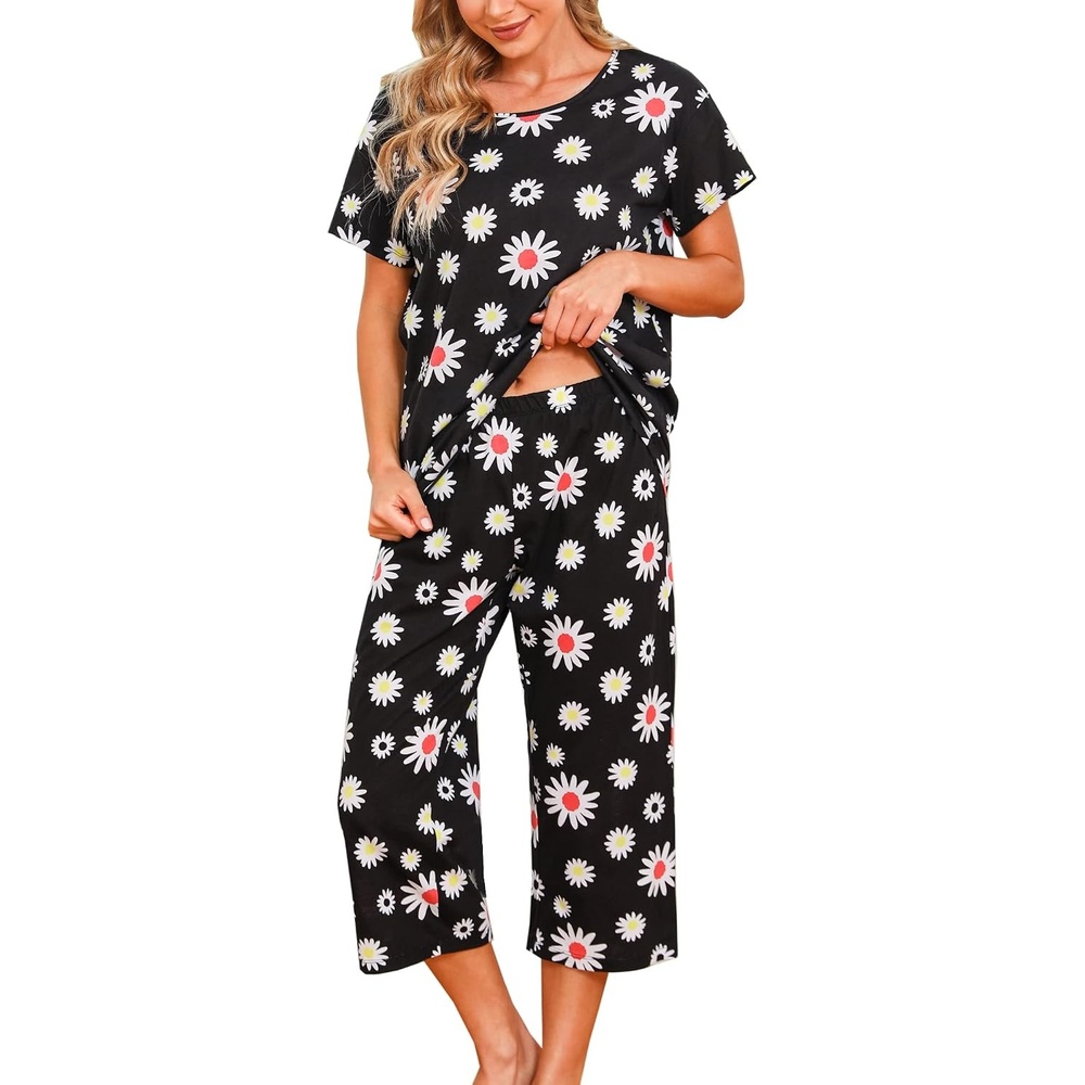 image:imageENJOYNIGHT Womens Pajama Set Cotton Summer Pj Top with Capri Pant SleepwearDaisy Floral