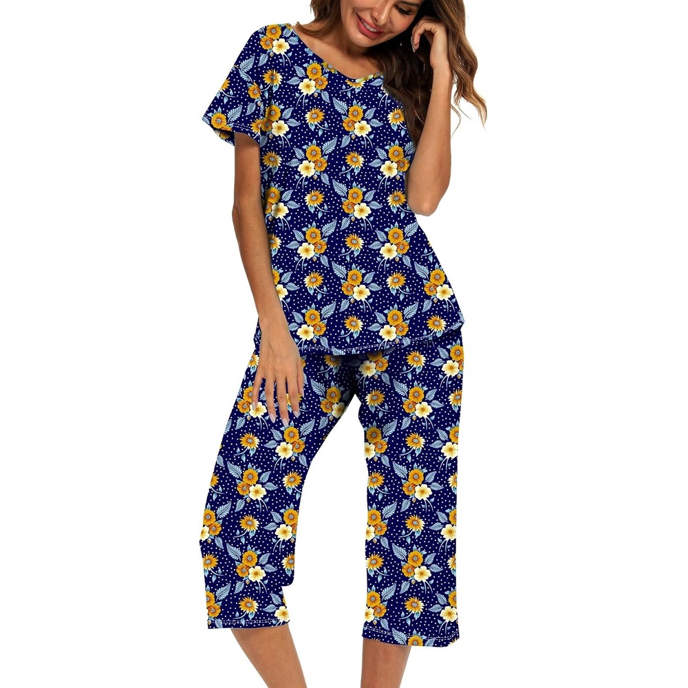 image:imageENJOYNIGHT Womens Pajama Set Cotton Summer Pj Top with Capri Pant SleepwearDbl Flower