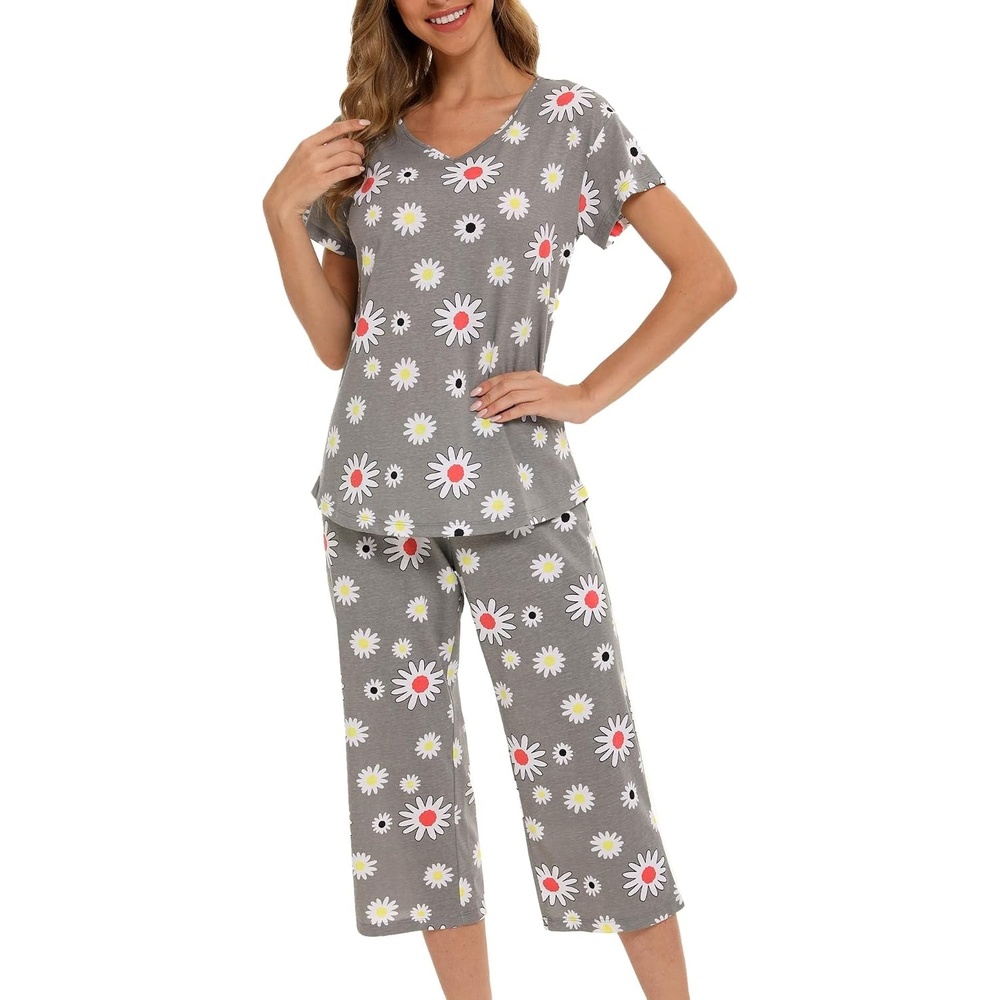 image:imageENJOYNIGHT Womens Pajama Set Cotton Summer Pj Top with Capri Pant SleepwearFlower