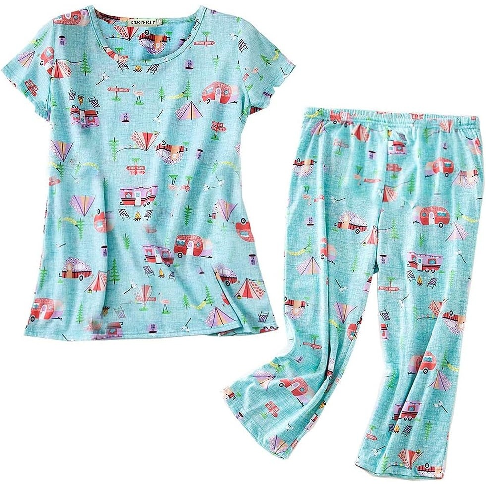 image:imageENJOYNIGHT Womens Pajama Set Cotton Summer Pj Top with Capri Pant SleepwearGreen Bus