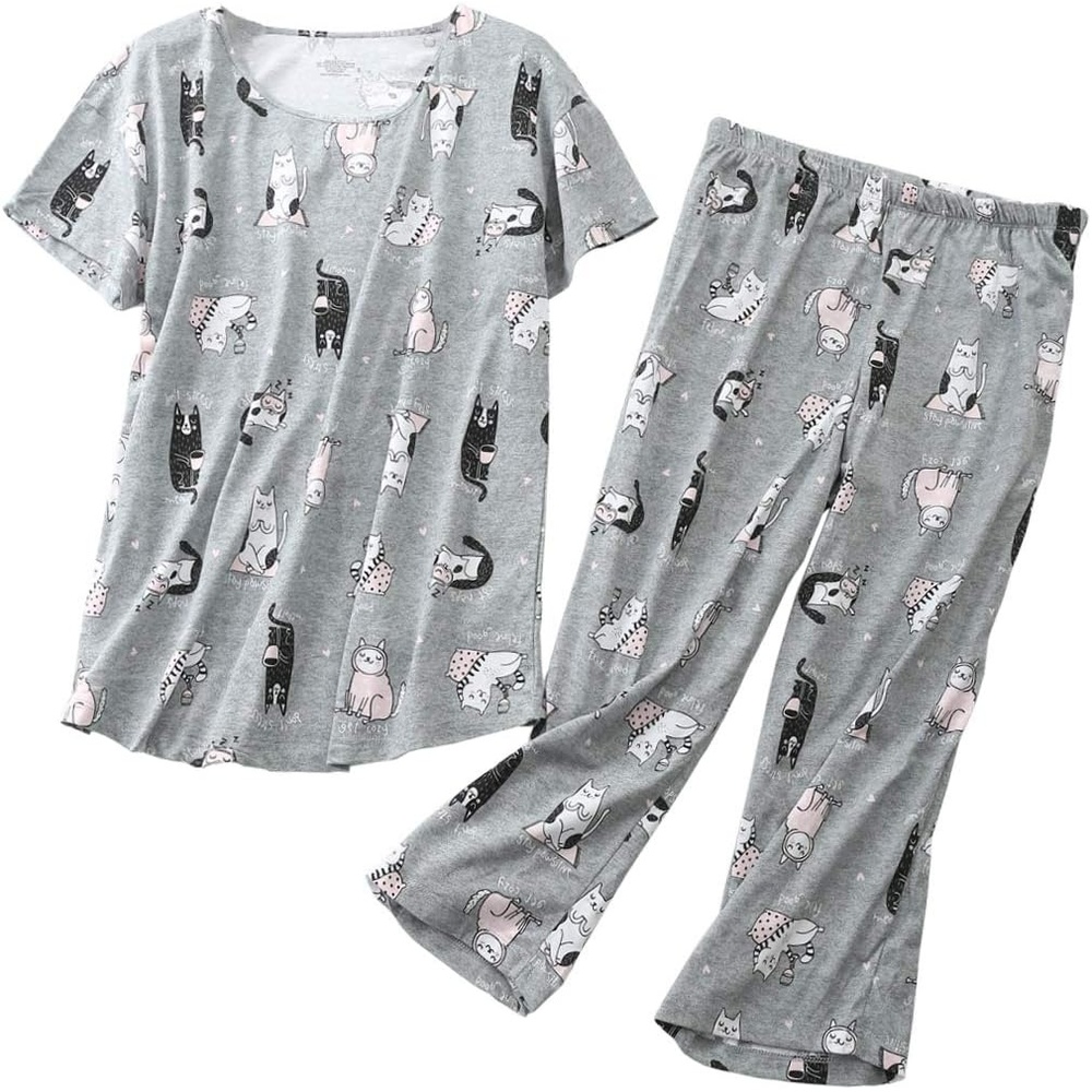 image:imageENJOYNIGHT Womens Pajama Set Cotton Summer Pj Top with Capri Pant SleepwearGrey Cat