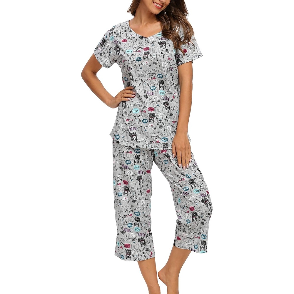 image:imageENJOYNIGHT Womens Pajama Set Cotton Summer Pj Top with Capri Pant SleepwearGrey Dog