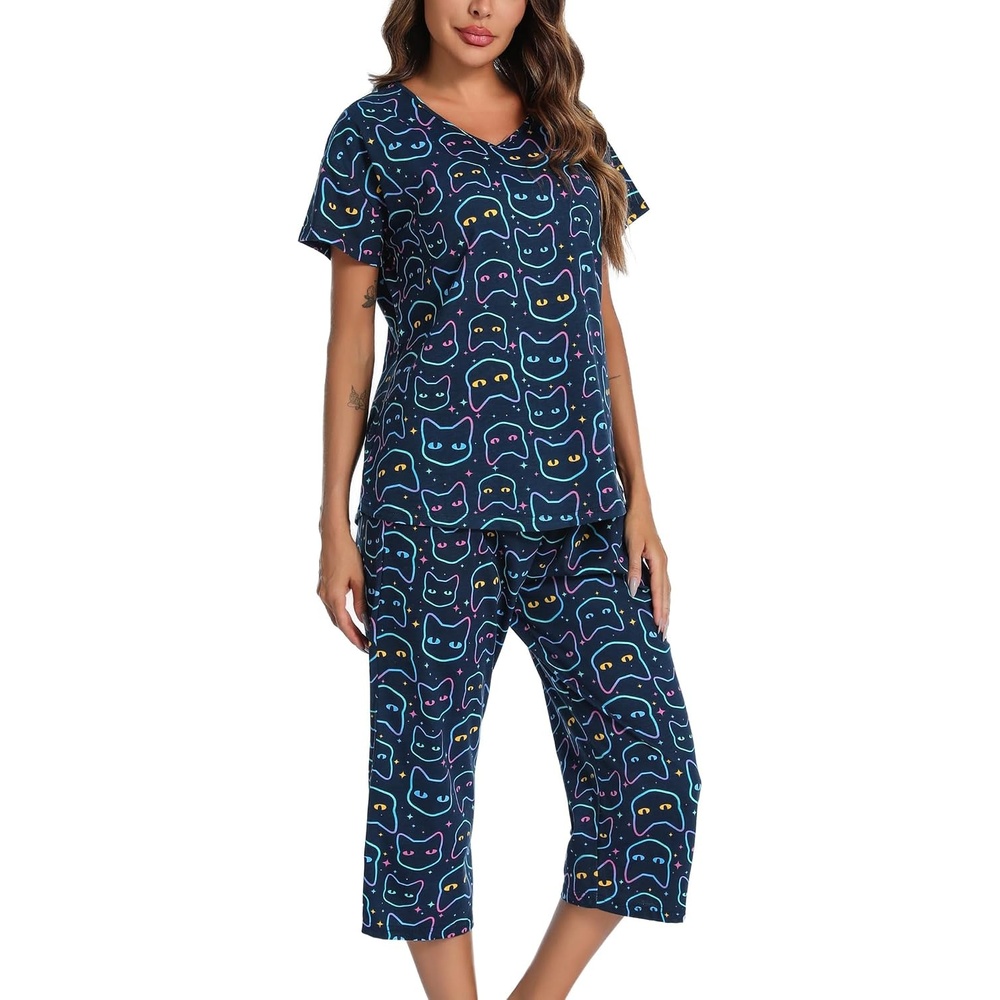 image:imageENJOYNIGHT Womens Pajama Set Cotton Summer Pj Top with Capri Pant SleepwearNavy Cat