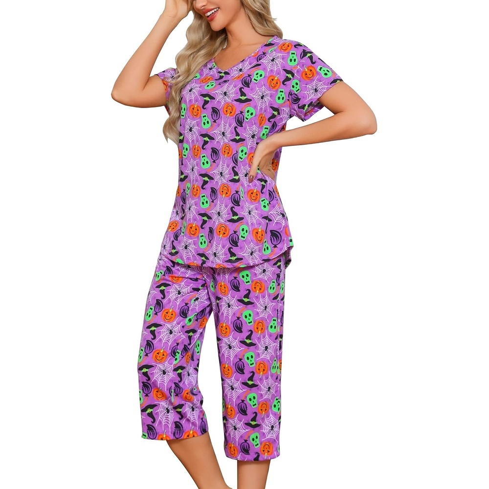 image:imageENJOYNIGHT Womens Pajama Set Cotton Summer Pj Top with Capri Pant SleepwearPurple Spider