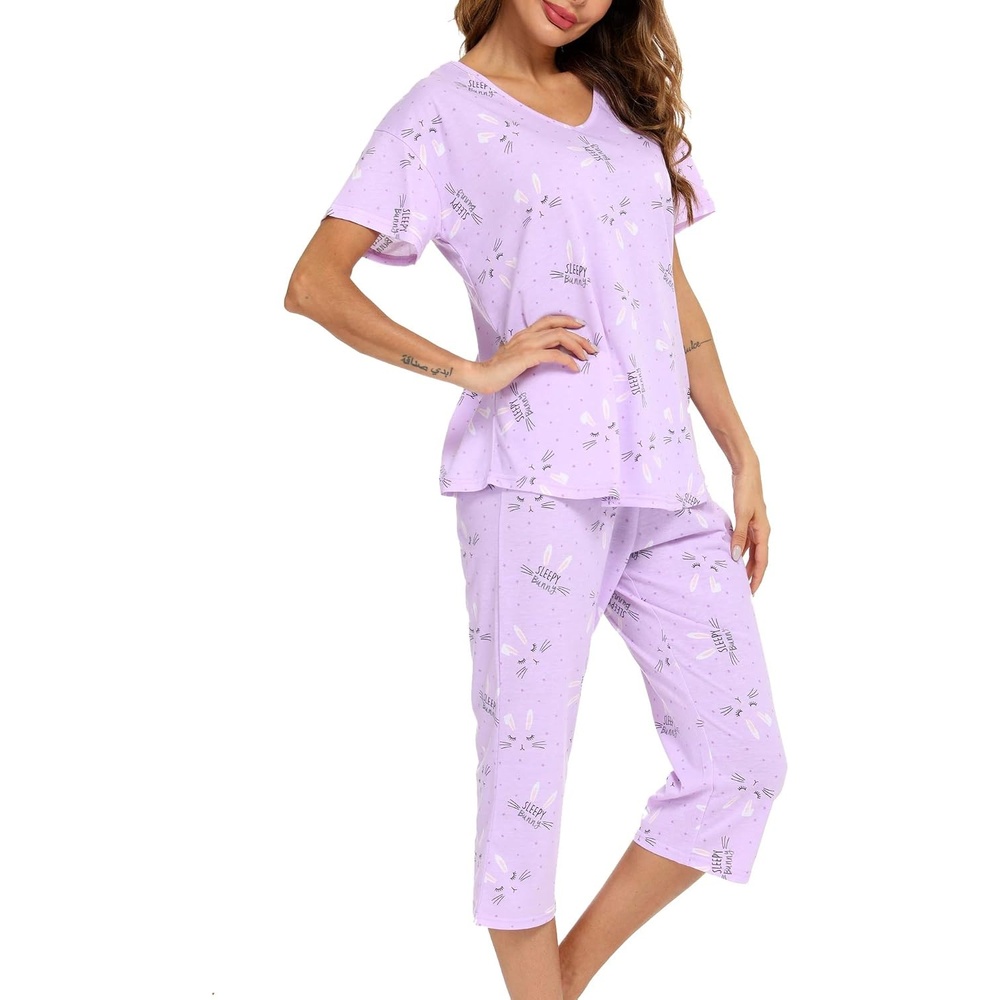 image:imageENJOYNIGHT Womens Pajama Set Cotton Summer Pj Top with Capri Pant SleepwearTuzi