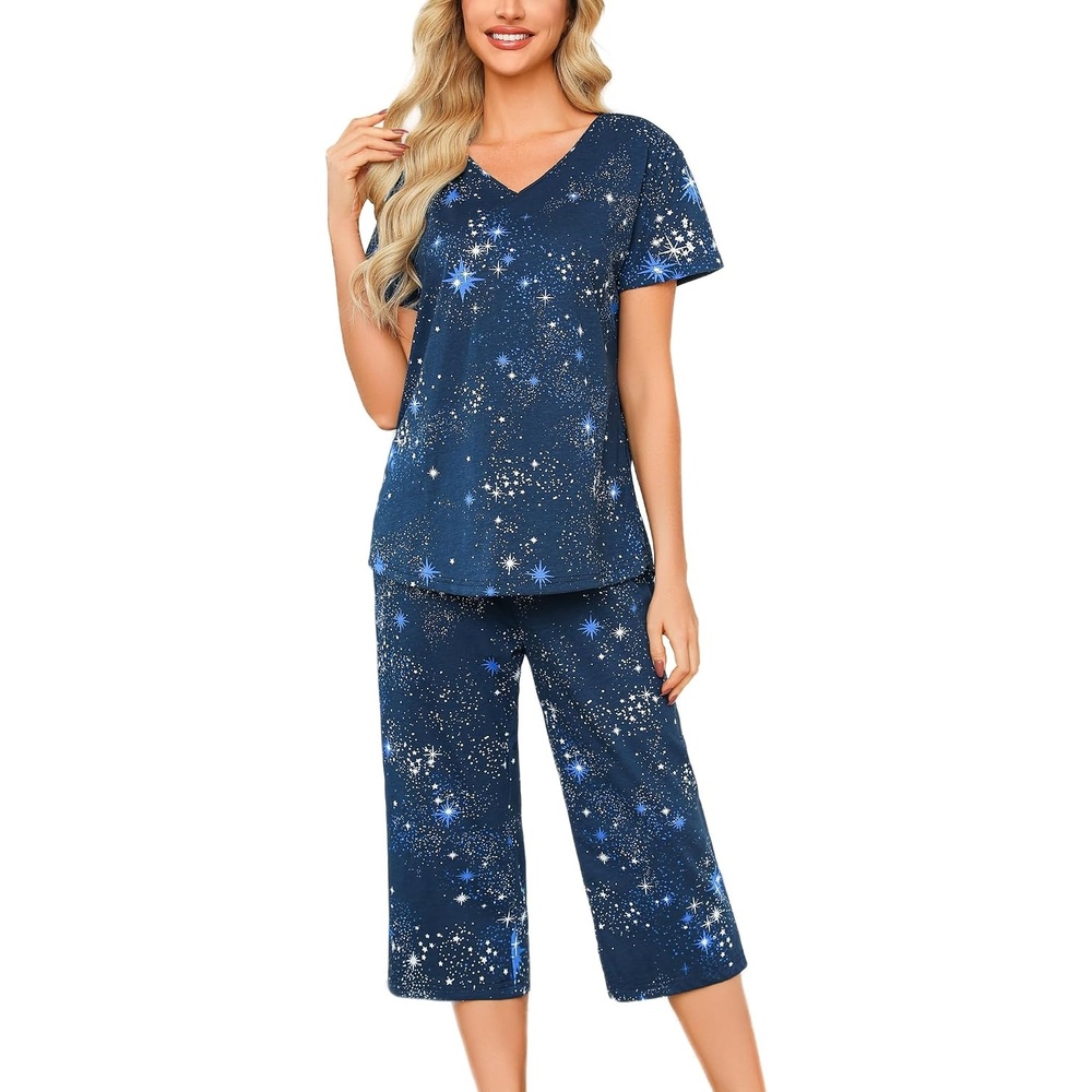 image:imageENJOYNIGHT Womens Pajama Set Cotton Summer Pj Top with Capri Pant SleepwearXstar