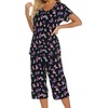 ENJOYNIGHT Womens Pajama Set Cotton Summer Pj Top with Capri Pant Sleepwear(Black Flying)