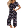 ENJOYNIGHT Womens Pajama Set Cotton Summer Pj Top with Capri Pant Sleepwear(Black Flying)