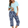 ENJOYNIGHT Womens Pajama Set Cotton Summer Pj Top with Capri Pant Sleepwear(Blue Cat)