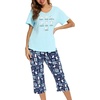ENJOYNIGHT Womens Pajama Set Cotton Summer Pj Top with Capri Pant Sleepwear(Blue Cat)