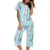 ENJOYNIGHT Womens Pajama Set Cotton Summer Pj Top with Capri Pant Sleepwear(Green Bus)