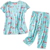 ENJOYNIGHT Womens Pajama Set Cotton Summer Pj Top with Capri Pant Sleepwear(Green Bus)