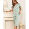 ENJOYNIGHT Womens Pajama Set Cotton Summer Pj Top with Capri Pant Sleepwear(Green Drop)