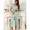 ENJOYNIGHT Womens Pajama Set Cotton Summer Pj Top with Capri Pant Sleepwear(Green Drop)