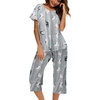 ENJOYNIGHT Womens Pajama Set Cotton Summer Pj Top with Capri Pant Sleepwear(Grey Cat)