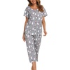 ENJOYNIGHT Womens Pajama Set Cotton Summer Pj Top with Capri Pant Sleepwear(Grey Penguin)