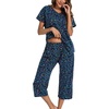 ENJOYNIGHT Womens Pajama Set Cotton Summer Pj Top with Capri Pant Sleepwear(Navy Cat)