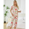 ENJOYNIGHT Womens Pajama Set Cotton Summer Pj Top with Capri Pant Sleepwear(Pink Floral)