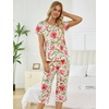 ENJOYNIGHT Womens Pajama Set Cotton Summer Pj Top with Capri Pant Sleepwear(Pink Floral)