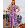 ENJOYNIGHT Womens Pajama Set Cotton Summer Pj Top with Capri Pant Sleepwear(Purple Spider)