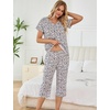 ENJOYNIGHT Womens Pajama Set Cotton Summer Pj Top with Capri Pant Sleepwear(White Leopard)
