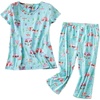 ENJOYNIGHT Womens Pajama Set Cotton Summer Pj Top with Capri Pant Sleepwear(Green Bus)
