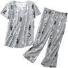 ENJOYNIGHT Womens Pajama Set Cotton Summer Pj Top with Capri Pant Sleepwear(Grey Cat)