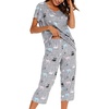 ENJOYNIGHT Womens Pajama Set Cotton Summer Pj Top with Capri Pant Sleepwear(Grey Owl)