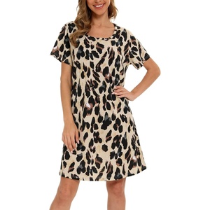 ENJOYNIGHT Womens Nightgown Cotton Sleep Shirt Short Sleeve Nightshirt(Light Leopard)